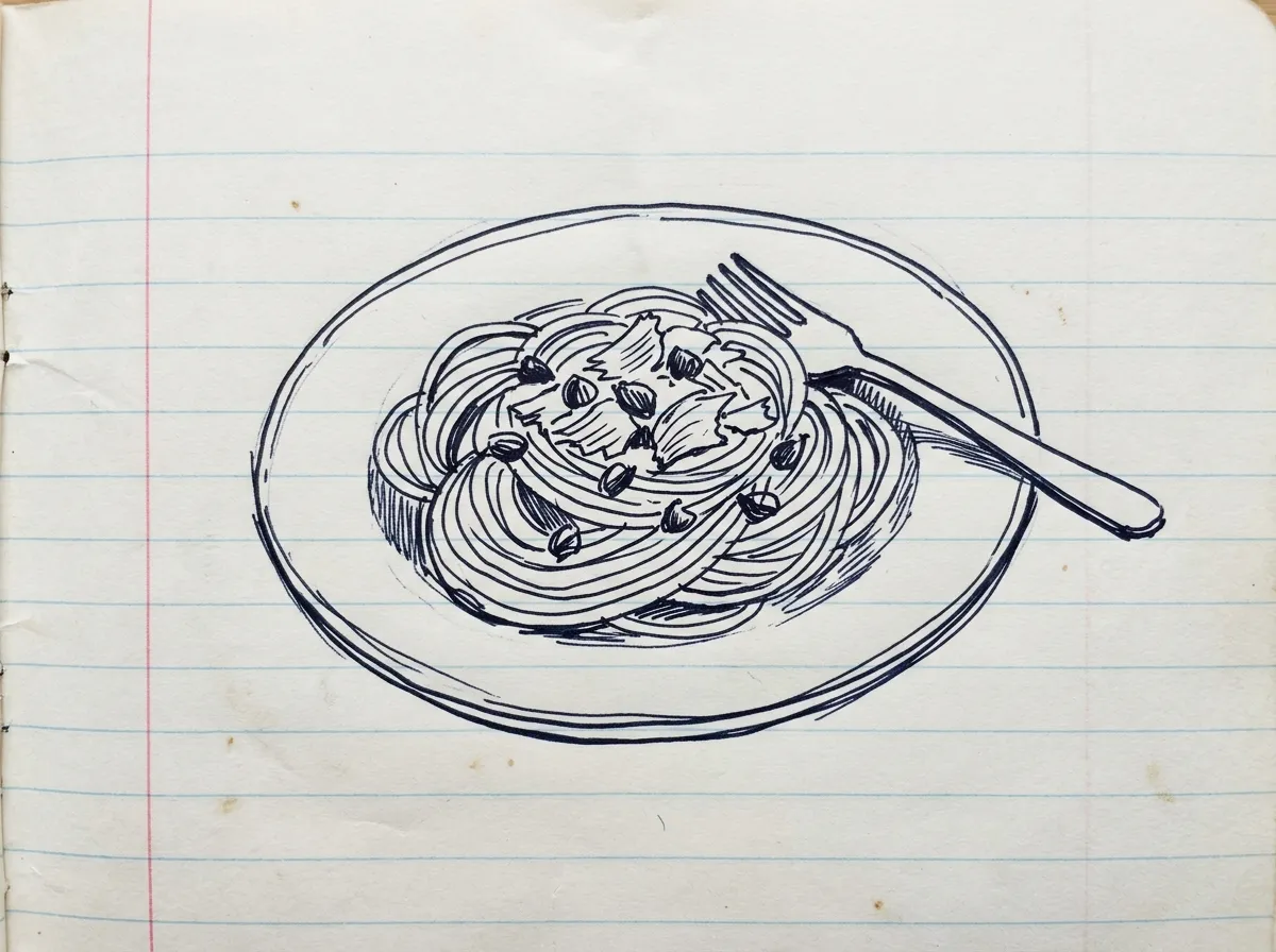 Handgezeichnete Skizze zum Rezept Spaghetti mit Thunfisch